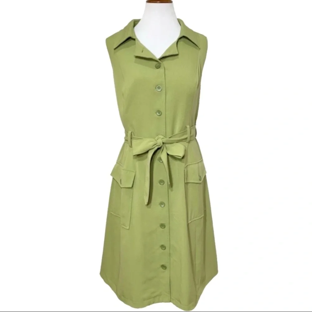SOLD-Modcloth Buttondown Belted Olive Green Sleeveless Shirtdress - Picture 1 of 12